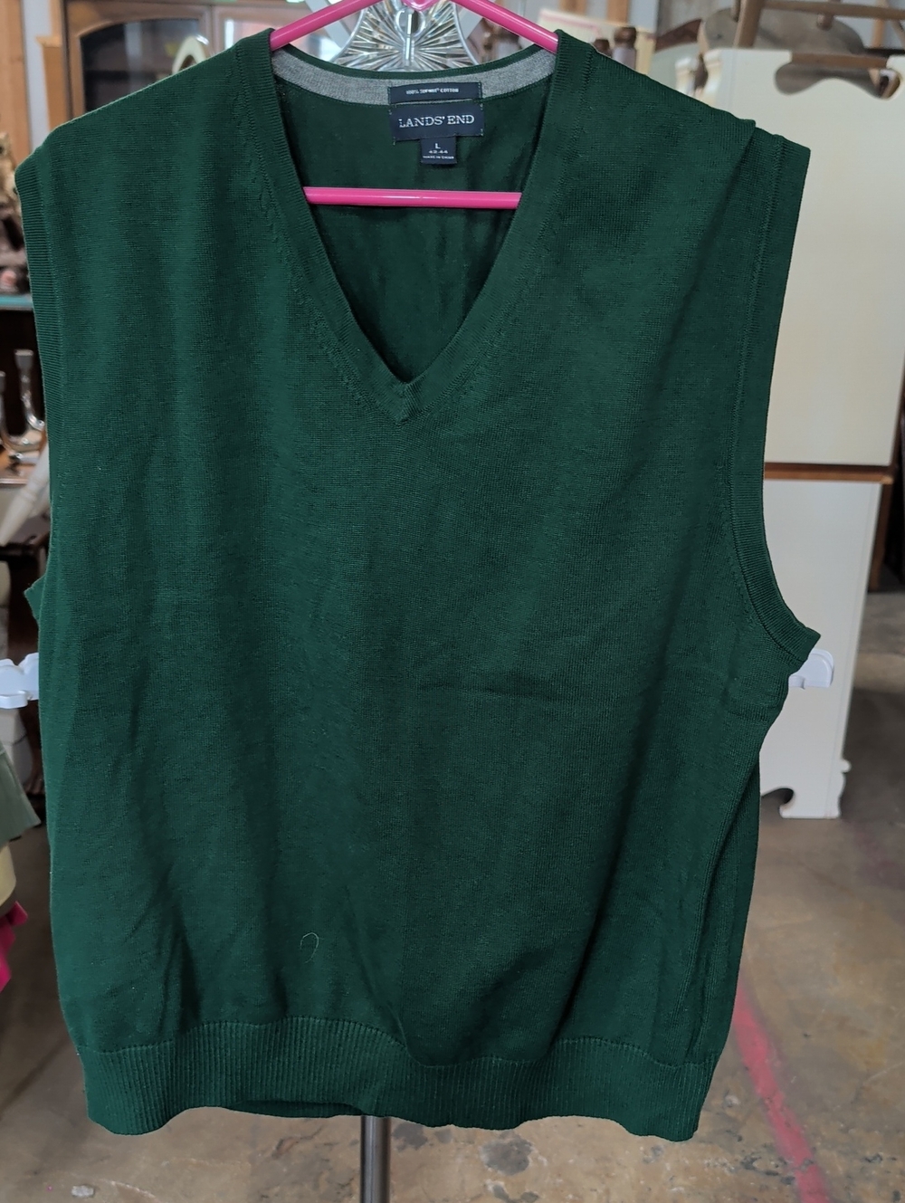 Lands' End 100% Supima Cotton Deep Green V-Neck Sweater Vest